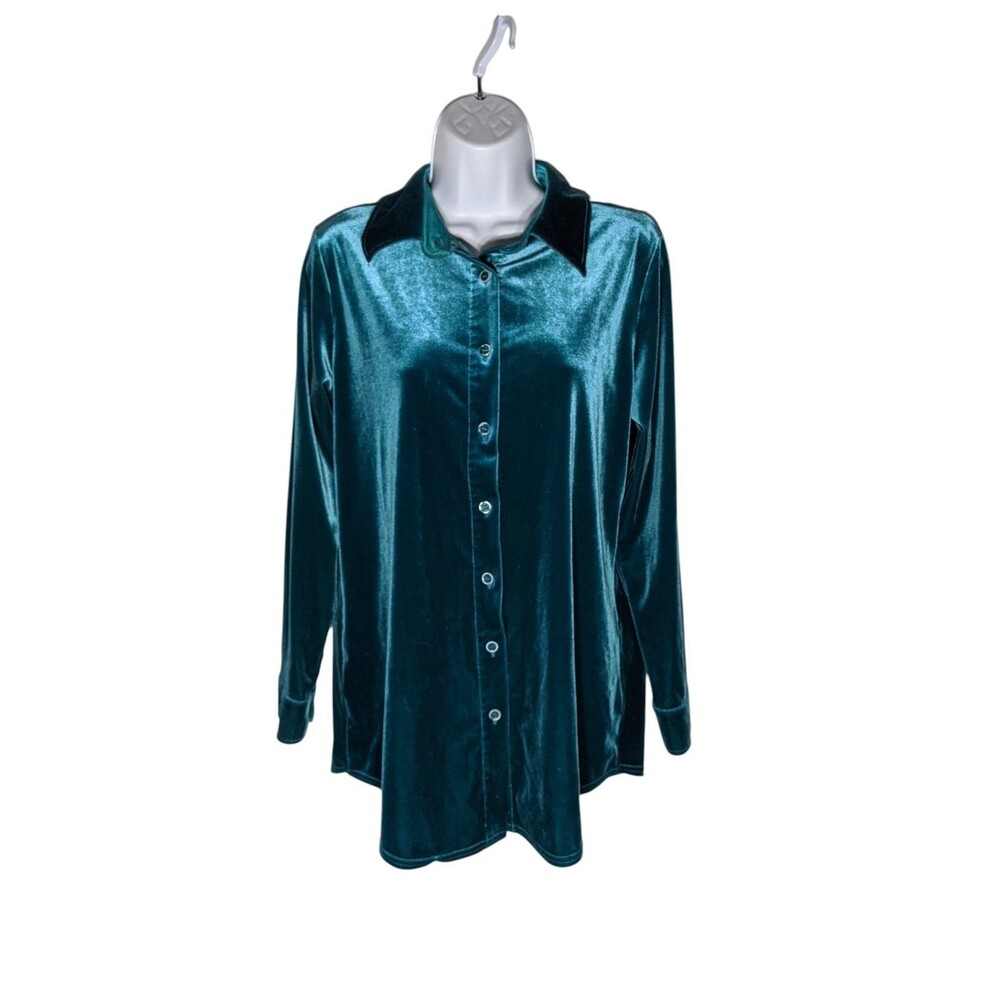 Soft Surroundings Velvet Boyfriend Tunic Shirt Women's Sz S Teal Artsy Lagen